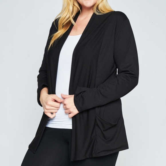 LONG SLEEVE OPEN FRONT POCKET CARDIGAN (PLUS) - Picture 2 of 3